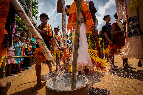 Tiwa tribal men in their traditional attire 